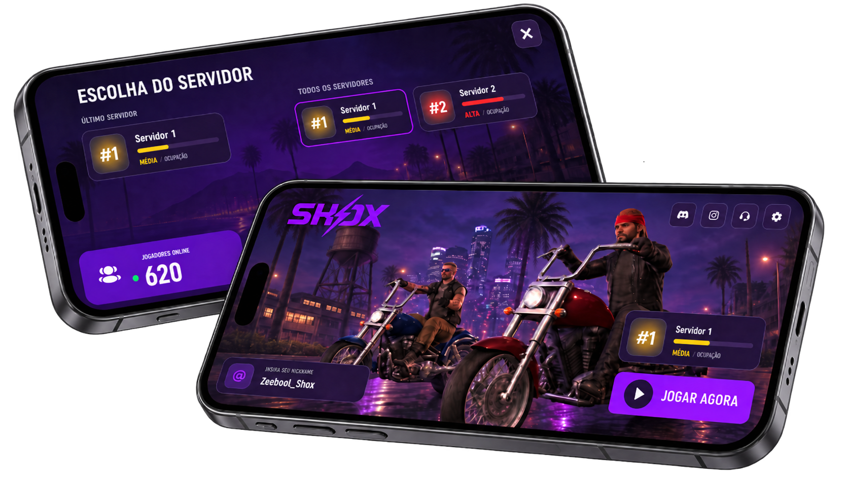 PlayShox Mobile em dois celulares, mostrando a escolha do servidor e a tela inicial do jogo.